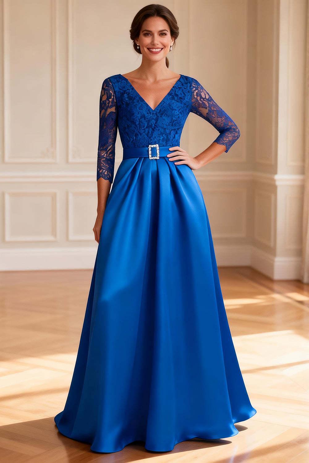 Dreamyannie Royal Blue V Neck Satin Long Mother Of The Bride Dress With Belt