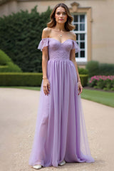 Dreamyannie Ruched A Line Tulle Lilac Long Formal Dress