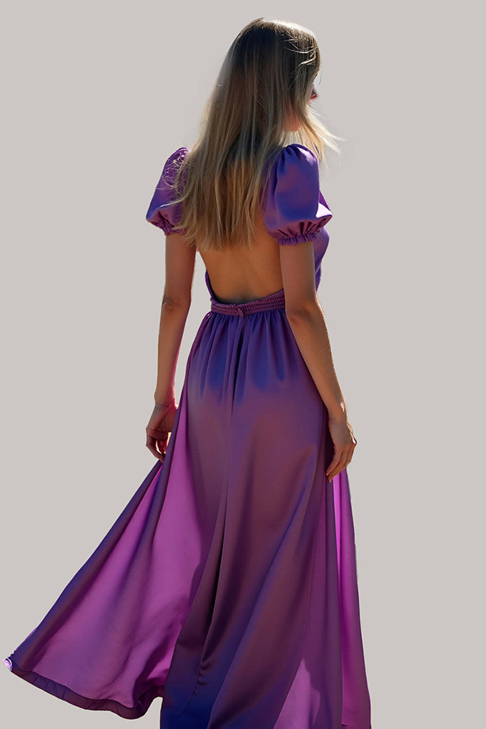Dreamyannie Ruched Long Backless Purple Wedding Guest Dress Formal Dress With Puff Sleeves