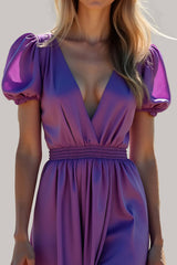 Dreamyannie Ruched Long Backless Purple Wedding Guest Dress Formal Dress With Puff Sleeves