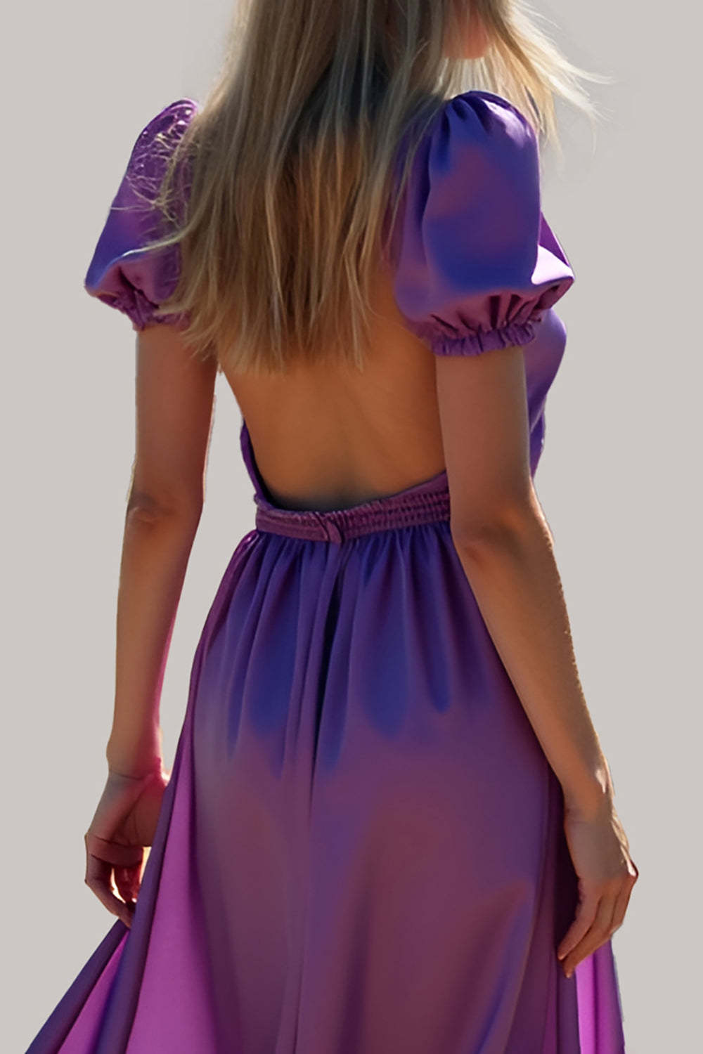Dreamyannie Ruched Long Backless Purple Wedding Guest Dress Formal Dress With Puff Sleeves