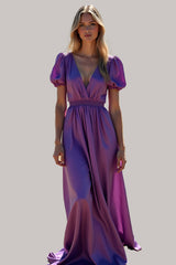 Dreamyannie Ruched Long Backless Purple Wedding Guest Dress Formal Dress With Puff Sleeves