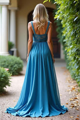 Dreamyannie Ruched Long Dusty Blue Wedding Guest Dress A Line Formal Dress With Lace