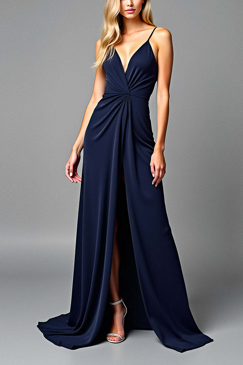 Dreamyannie Ruched Navy Wedding Guest Dress V-Neck Long Formal Dress With Slit