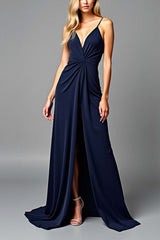 Dreamyannie Ruched Navy Wedding Guest Dress V-Neck Long Formal Dress With Slit