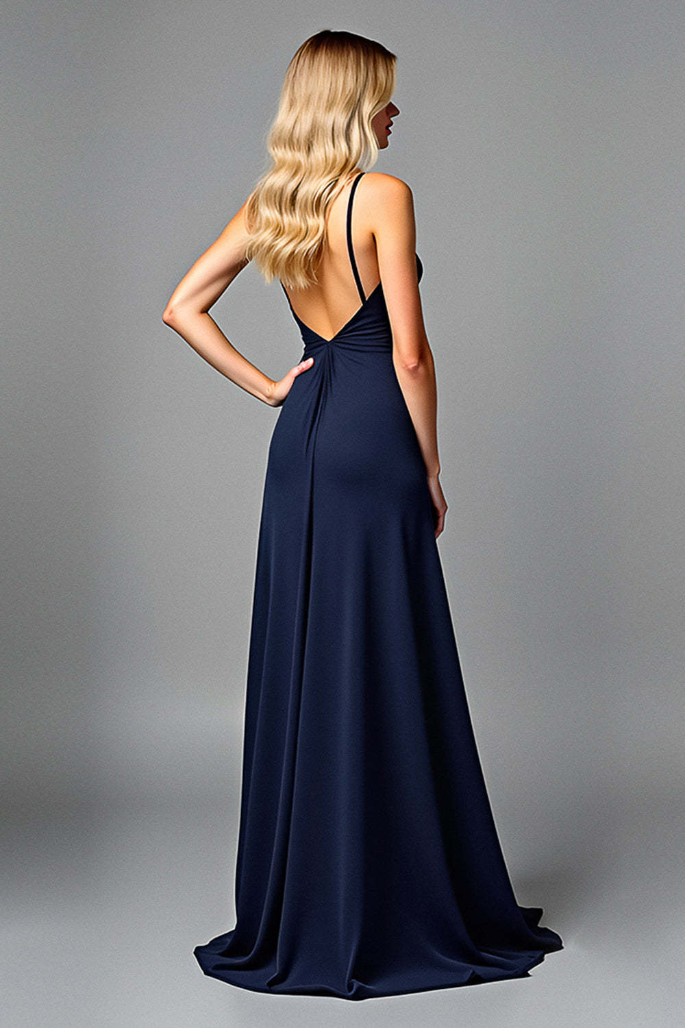 Dreamyannie Ruched Navy Wedding Guest Dress V-Neck Long Formal Dress With Slit