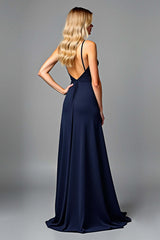 Dreamyannie Ruched Navy Wedding Guest Dress V-Neck Long Formal Dress With Slit
