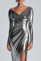 Dreamyannie Ruched Sheath Silver Metallic Satin Formal Dress With Slit