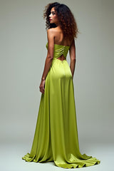 Dreamyannie Ruched Square Neck Lemon Green Wedding Guest Dress Long Formal Dress With Slit