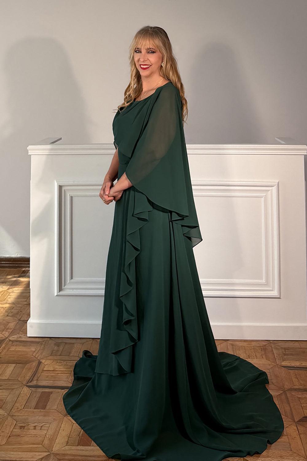 Dreamyannie Ruffled Dark Green Chiffon A Line Long Mother Of The Bride Dress With Sleeves