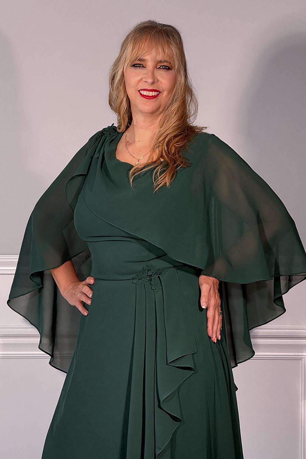 Dreamyannie Ruffled Dark Green Chiffon A Line Long Mother Of The Bride Dress With Sleeves
