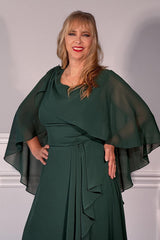 Dreamyannie Ruffled Dark Green Chiffon A Line Long Mother Of The Bride Dress With Sleeves