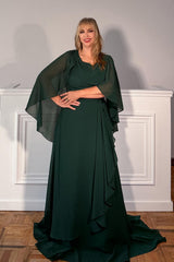 Dreamyannie Ruffled Dark Green Chiffon A Line Long Mother Of The Bride Dress With Sleeves