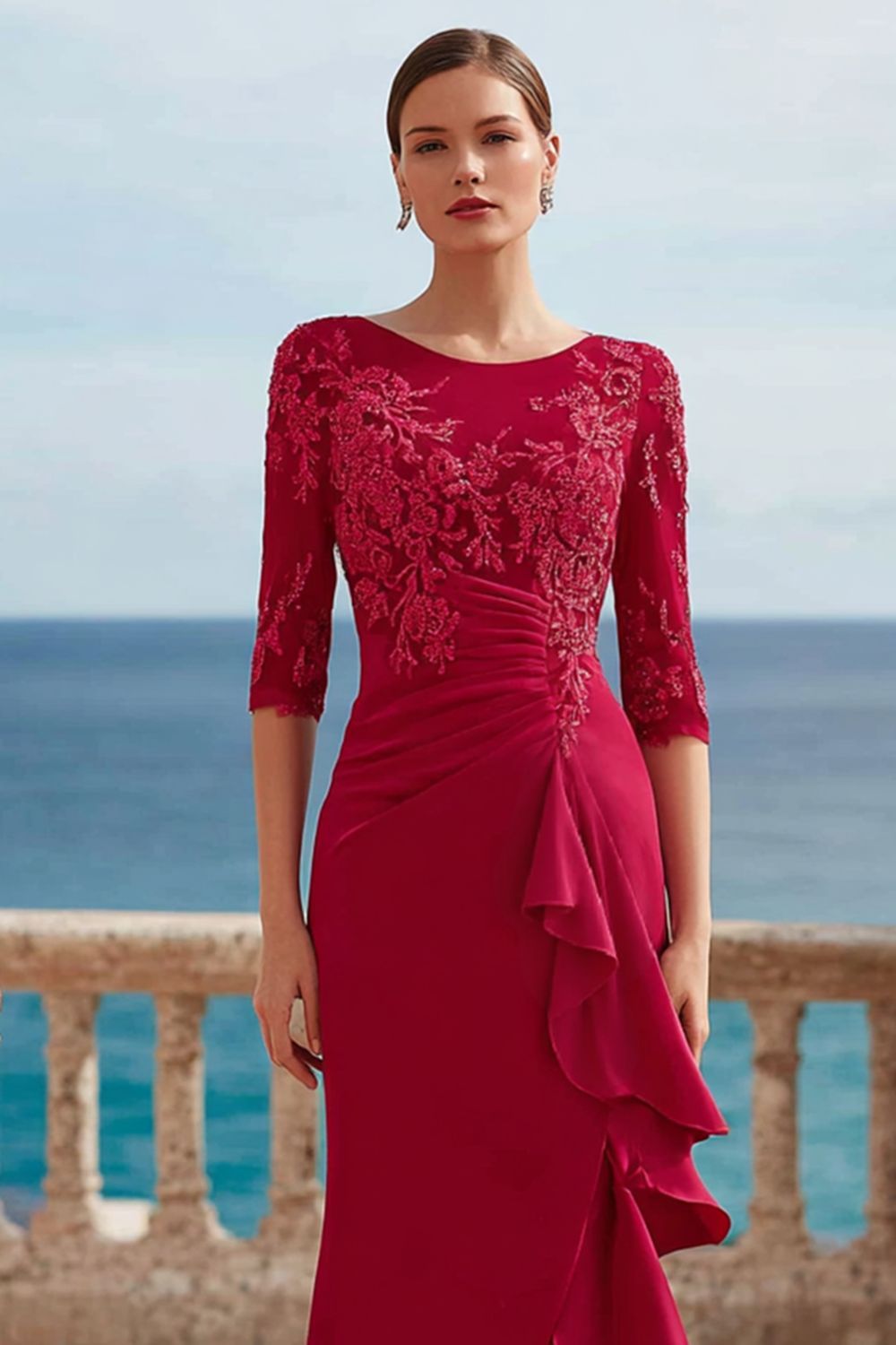 Dreamyannie Ruffled Dark Red Appliqued Long Mother Of The Bride Dress With Slit