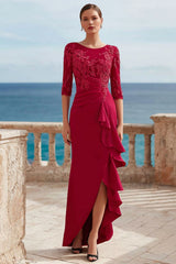 Dreamyannie Ruffled Dark Red Appliqued Long Mother Of The Bride Dress With Slit