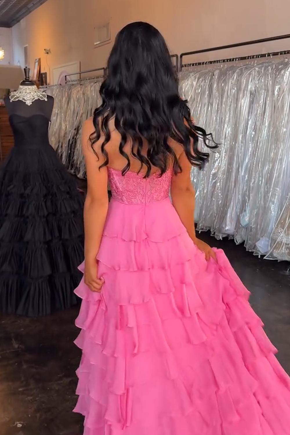 Dreamyannie Ruffled Hot Pink Prom Dress Corset Halter Long Evening Dress With Lace