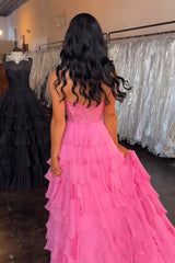 Dreamyannie Ruffled Hot Pink Prom Dress Corset Halter Long Evening Dress With Lace