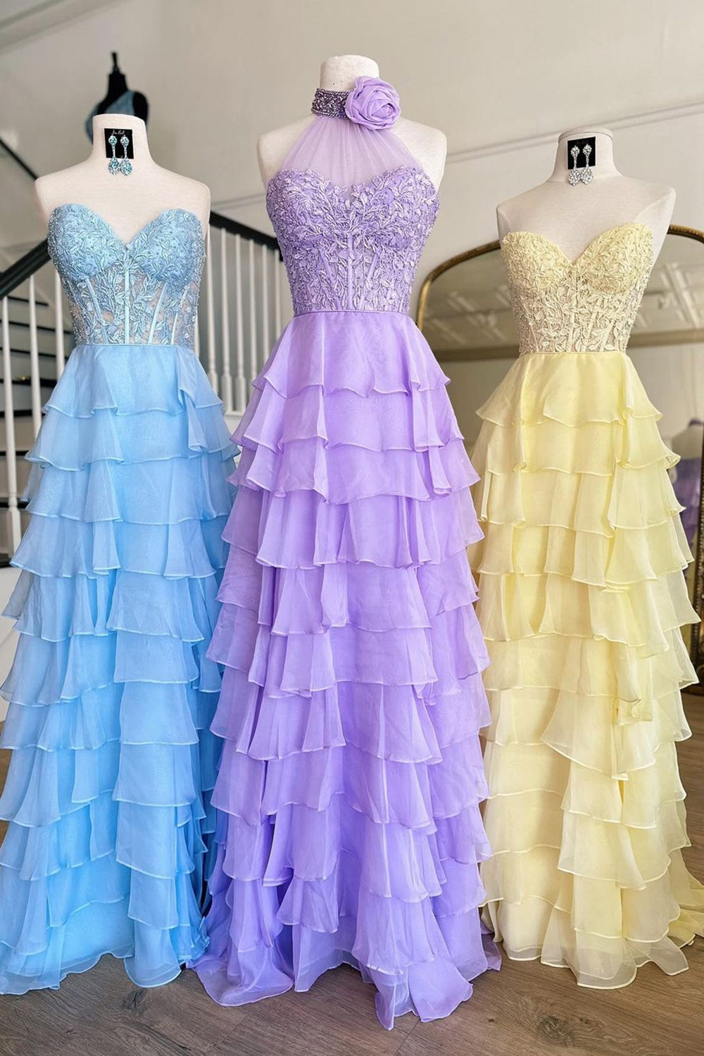 Dreamyannie Ruffled Hot Pink Prom Dress Corset Halter Long Evening Dress With Lace