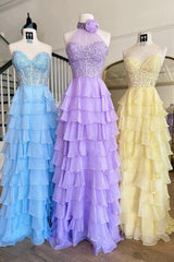 Dreamyannie Ruffled Hot Pink Prom Dress Corset Halter Long Evening Dress With Lace