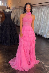 Dreamyannie Ruffled Hot Pink Prom Dress Corset Halter Long Evening Dress With Lace