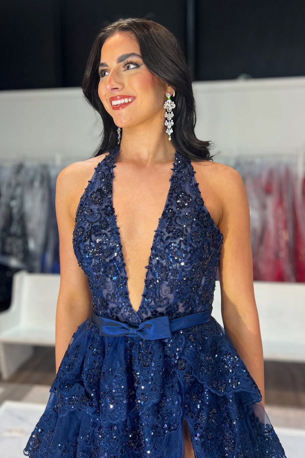 Dreamyannie Ruffled Navy Prom Dress Halter Long Evening Dress With Slit