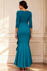 Dreamyannie Ruffled Peacock Blue V Neck Mermaid Long Mother Of The Bride Dress