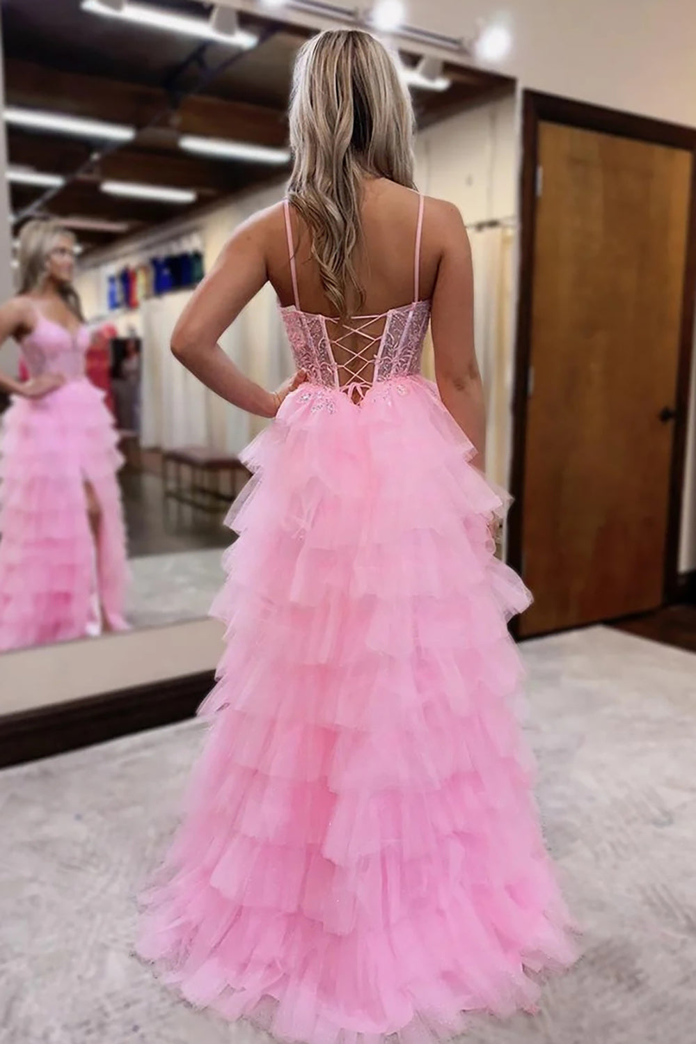 Dreamyannie Ruffled Pink Prom Dress Corset Evening Dress With Slit