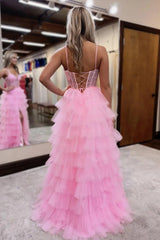 Dreamyannie Ruffled Pink Prom Dress Corset Evening Dress With Slit