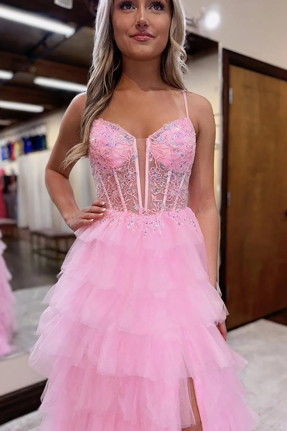 Dreamyannie Ruffled Pink Prom Dress Corset Evening Dress With Slit
