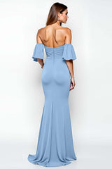 Dreamyannie Ruffled Sheath Dusty Blue Wedding Guest Dress Long Formal Dress
