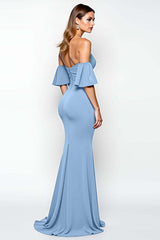 Dreamyannie Ruffled Sheath Dusty Blue Wedding Guest Dress Long Formal Dress