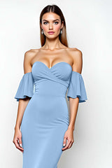 Dreamyannie Ruffled Sheath Dusty Blue Wedding Guest Dress Long Formal Dress
