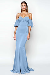 Dreamyannie Ruffled Sheath Dusty Blue Wedding Guest Dress Long Formal Dress