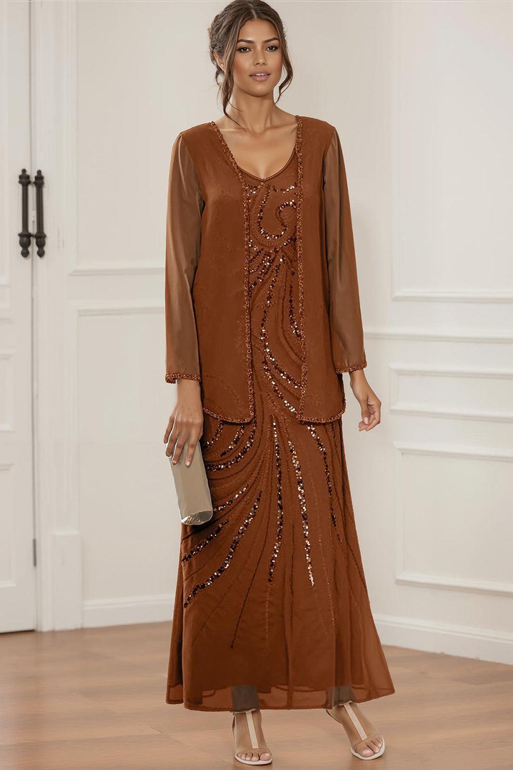 Dreamyannie Rust Chiffon V Neck Floor Length 2 Piece Mother Of The Bride Dress With Jacket