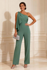 Dreamyannie Sage Green Asymmetrical Neck Chiffon Long Mother Of The Bride Jumpsuits With Streamer