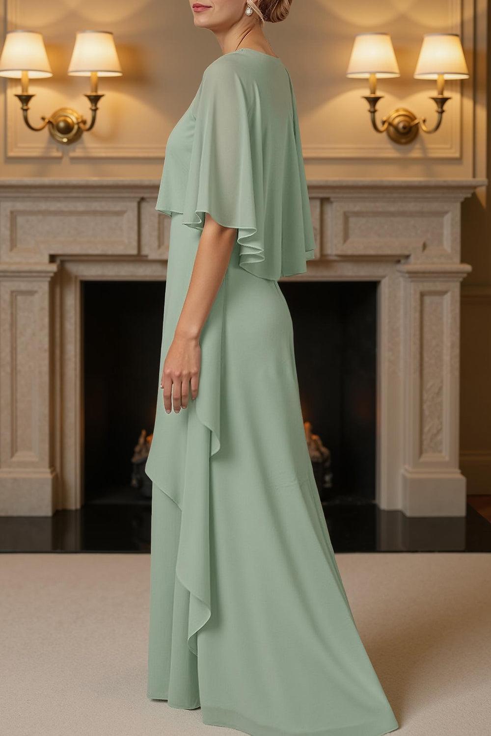 Dreamyannie Sage Green Chiffon Sheath 2 Piece Floor Length Mother Of The Bride Dress With Cape