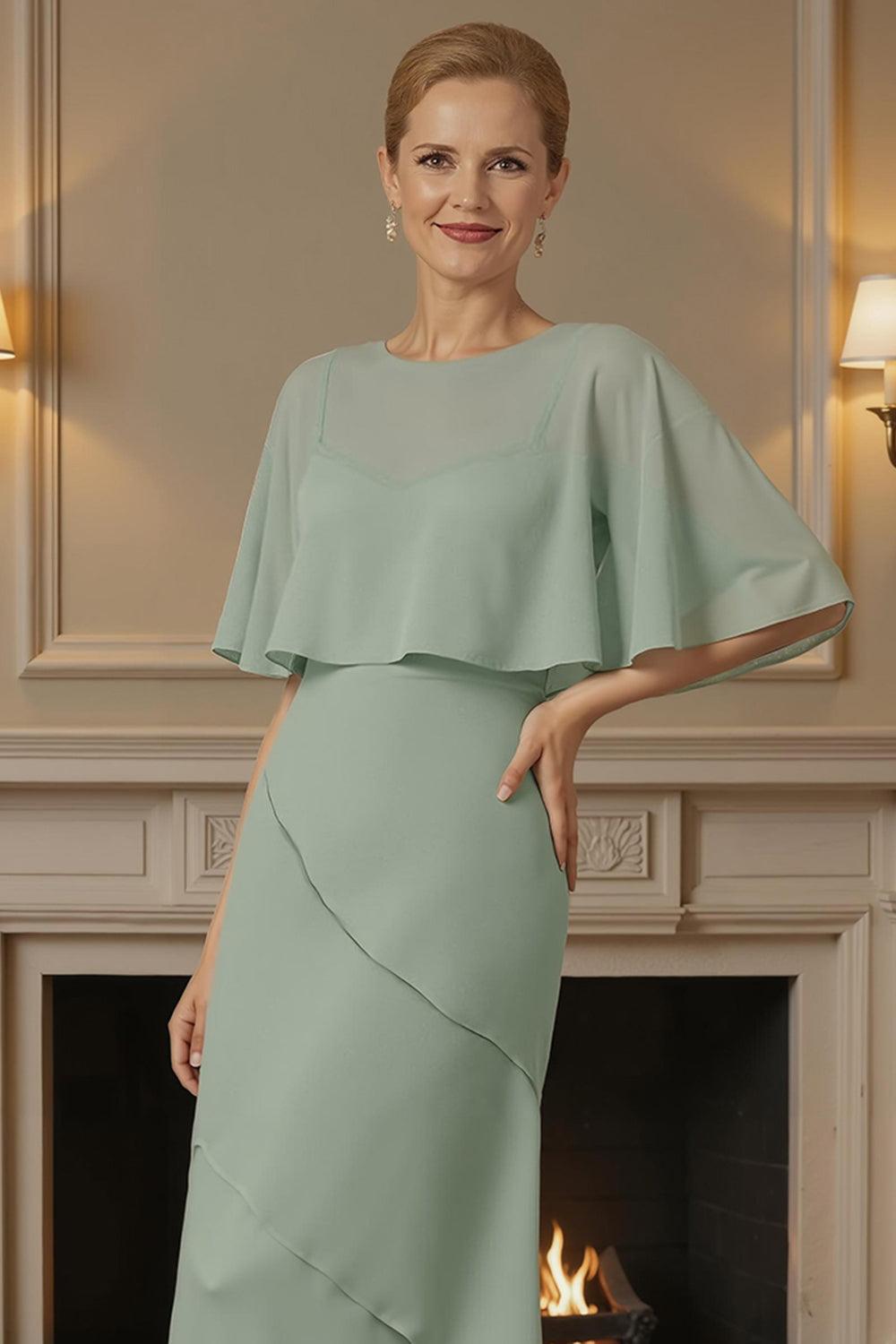 Dreamyannie Sage Green Chiffon Sheath 2 Piece Floor Length Mother Of The Bride Dress With Cape