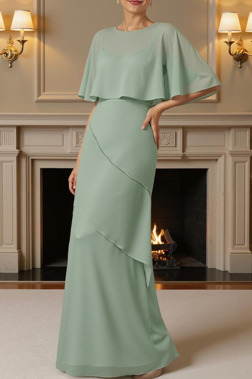 Dreamyannie Sage Green Chiffon Sheath 2 Piece Floor Length Mother Of The Bride Dress With Cape