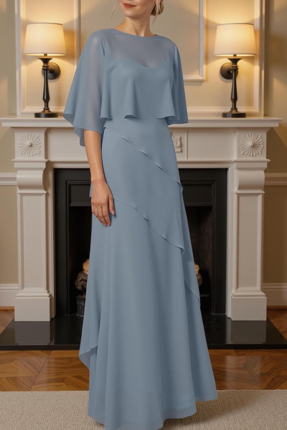 Dreamyannie Sage Green Chiffon Sheath 2 Piece Floor Length Mother Of The Bride Dress With Cape