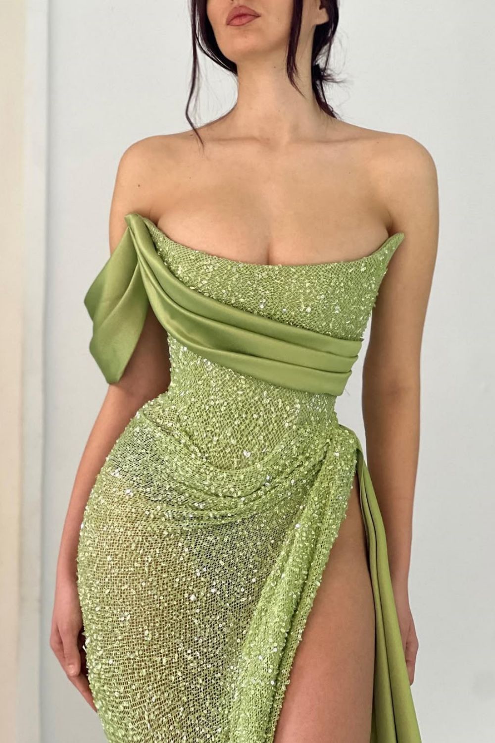 Dreamyannie Sage Green Off-The-Shoulder Beaded Prom Dress With High Slit Formal Evening Gown