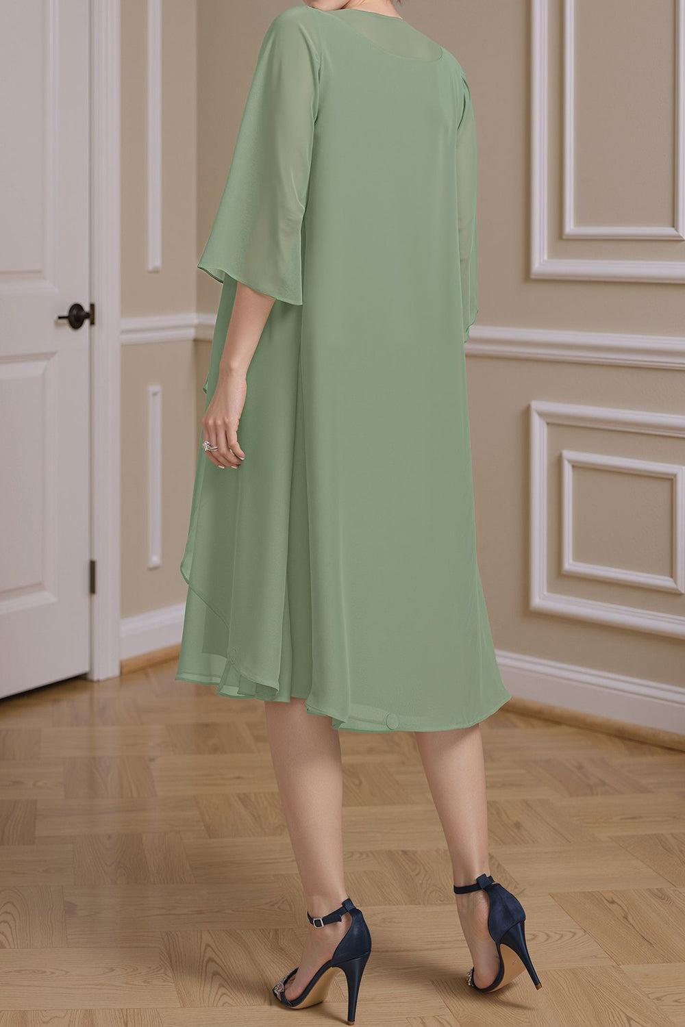Dreamyannie Sage Green Ruffled A Line 2 Piece Knee Length Mother Of The Bride Dress With Jacket