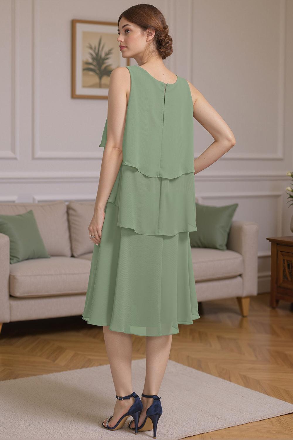 Dreamyannie Sage Green Ruffled A Line 2 Piece Knee Length Mother Of The Bride Dress With Jacket