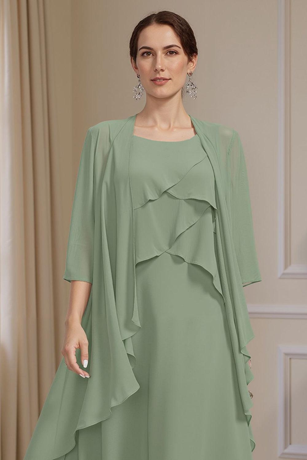 Dreamyannie Sage Green Ruffled A Line 2 Piece Knee Length Mother Of The Bride Dress With Jacket