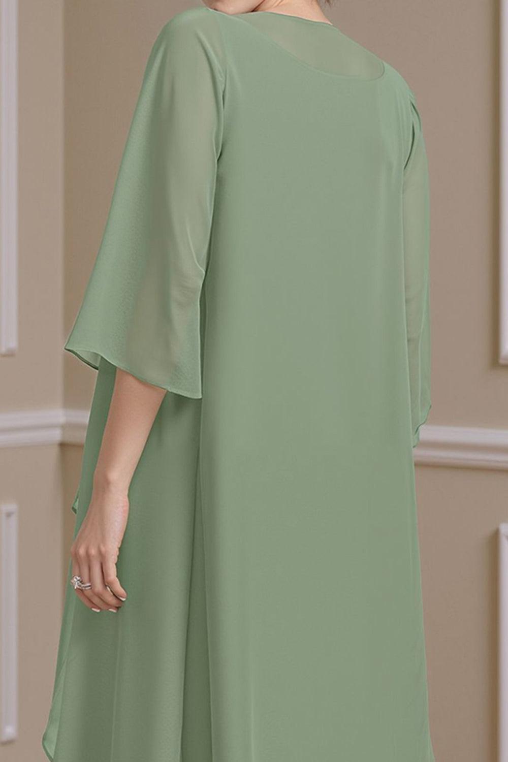 Dreamyannie Sage Green Ruffled A Line 2 Piece Knee Length Mother Of The Bride Dress With Jacket