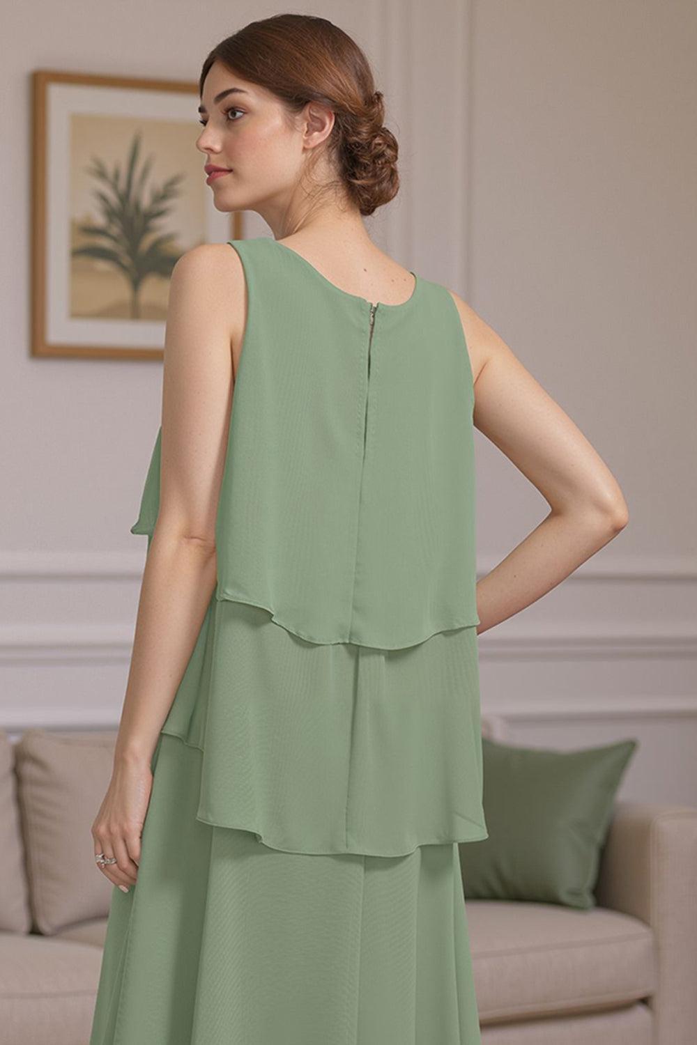 Dreamyannie Sage Green Ruffled A Line 2 Piece Knee Length Mother Of The Bride Dress With Jacket