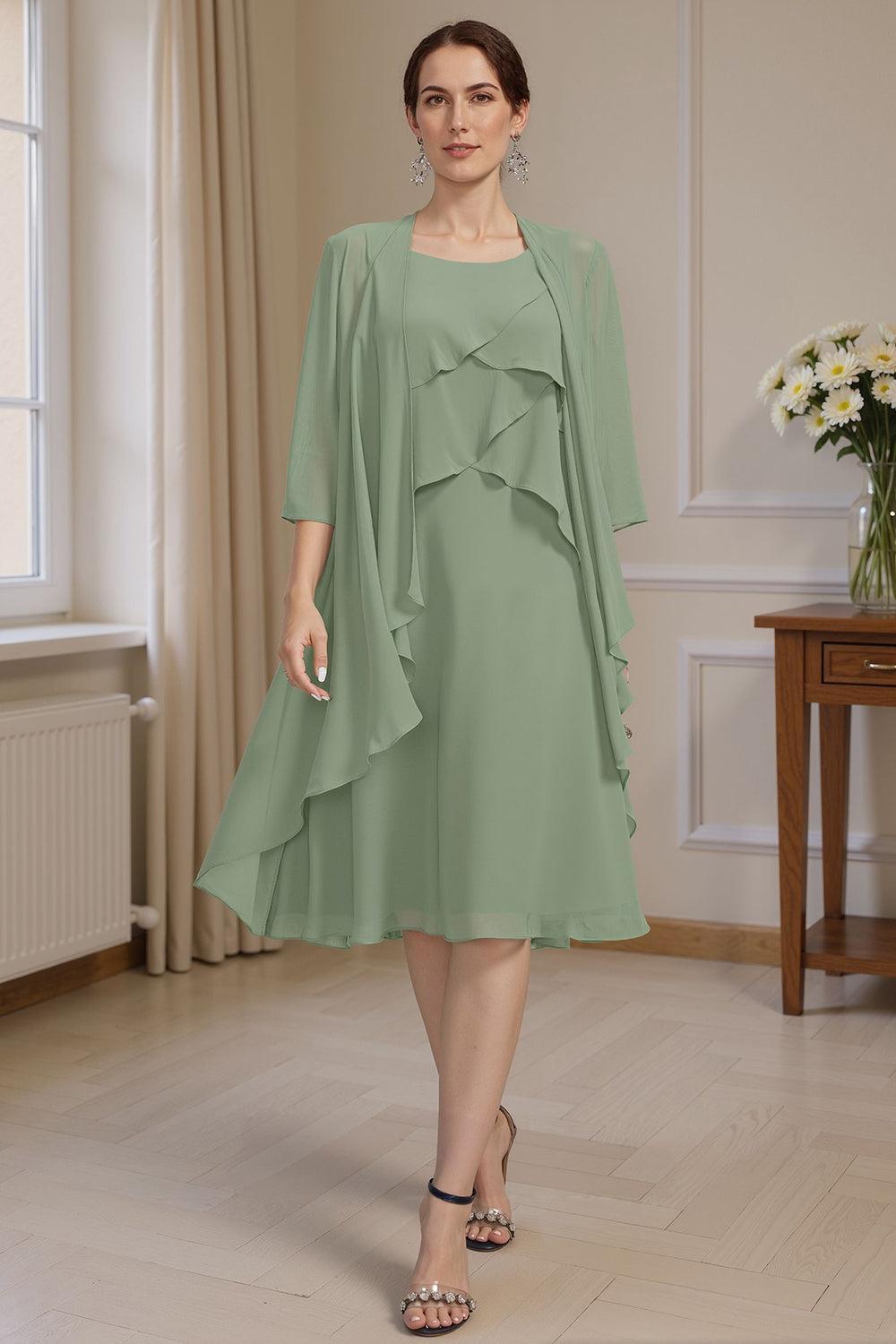 Dreamyannie Sage Green Ruffled A Line 2 Piece Knee Length Mother Of The Bride Dress With Jacket