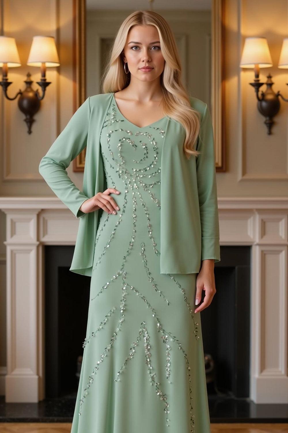 Dreamyannie Sage Green Sequins 2 Piece Floor Length Mother Of The Bride Dress With Jacket