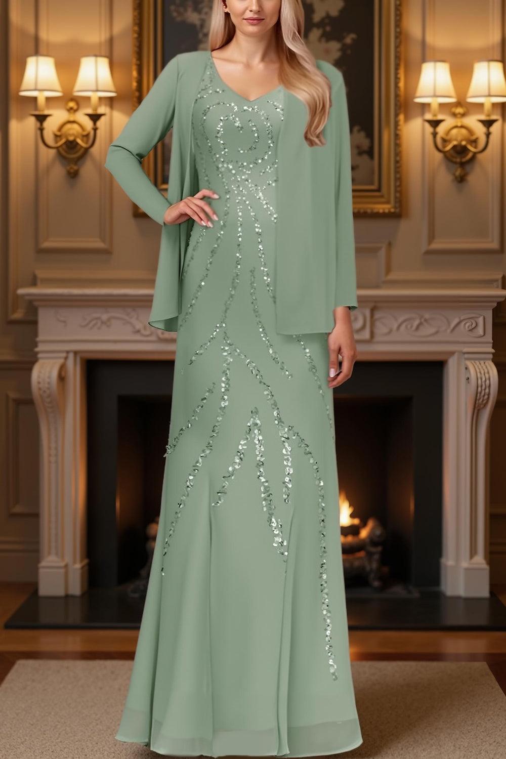 Dreamyannie Sage Green Sequins 2 Piece Floor Length Mother Of The Bride Dress With Jacket