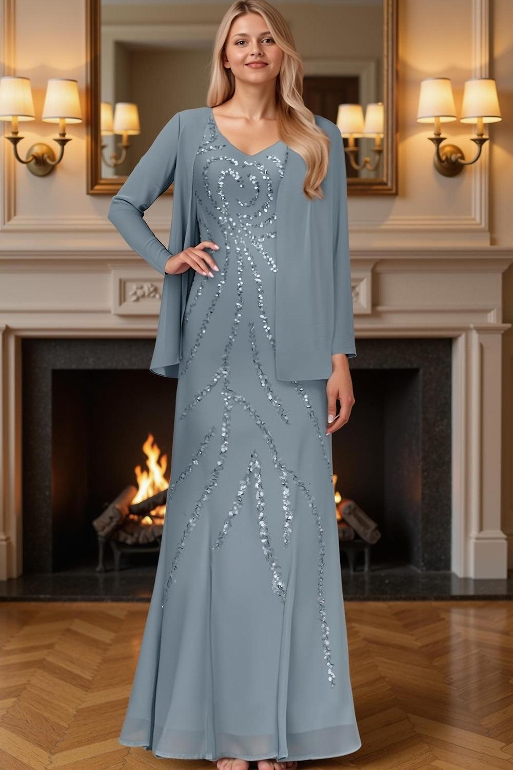 Dreamyannie Sage Green Sequins 2 Piece Floor Length Mother Of The Bride Dress With Jacket