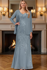 Dreamyannie Sage Green Sequins 2 Piece Floor Length Mother Of The Bride Dress With Jacket